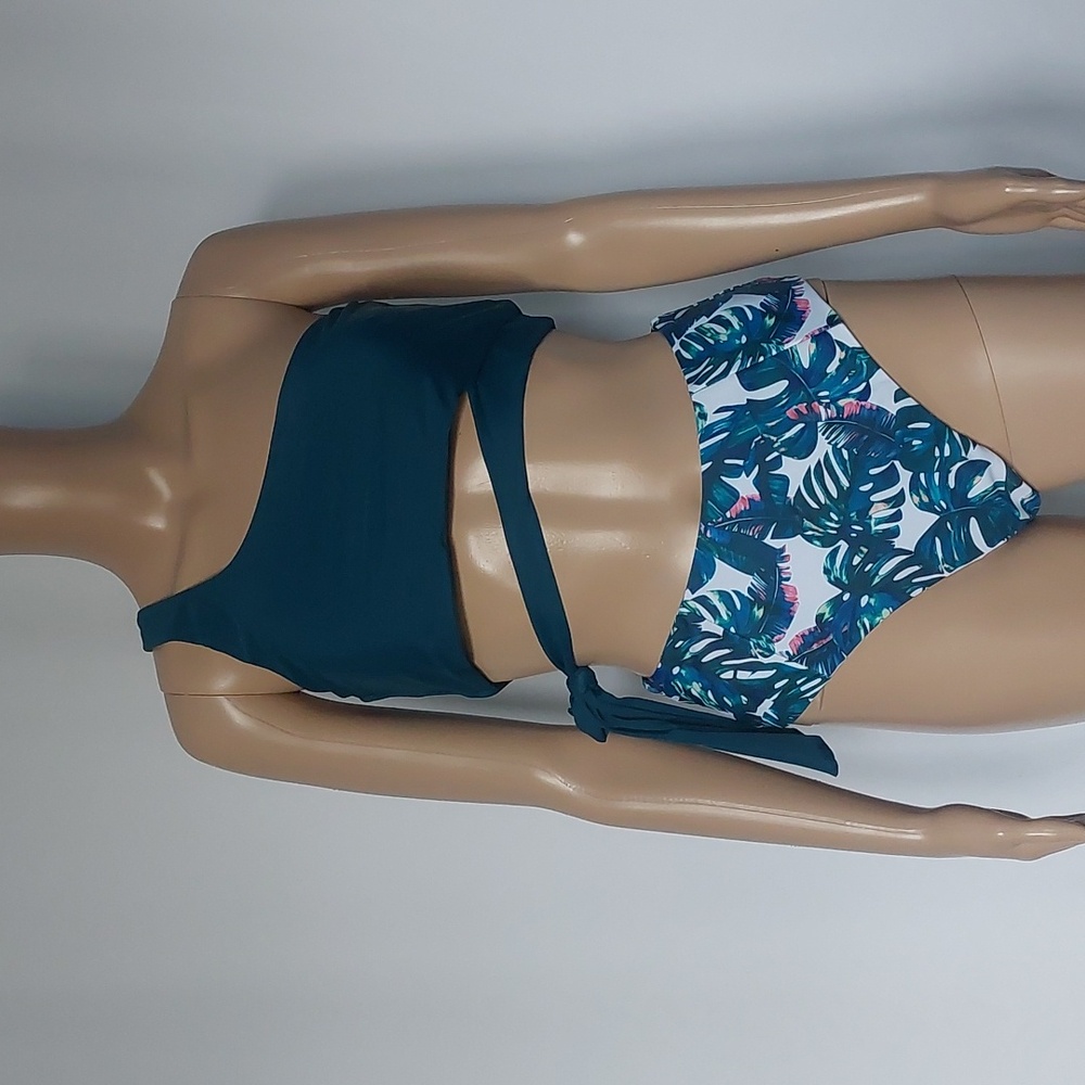 Teal One-Shoulder Bikini with Tropical Print Bottoms Size M
